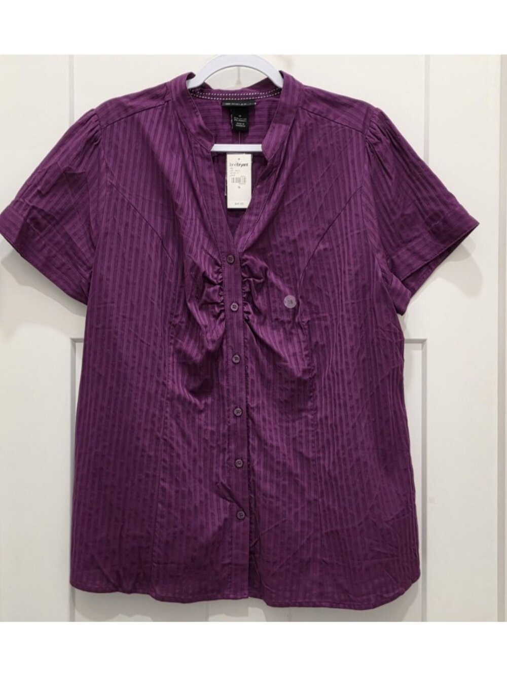 Lane Bryant Purple Button Up Blouse Ruched Front Short Sleeves Size 18 NWT